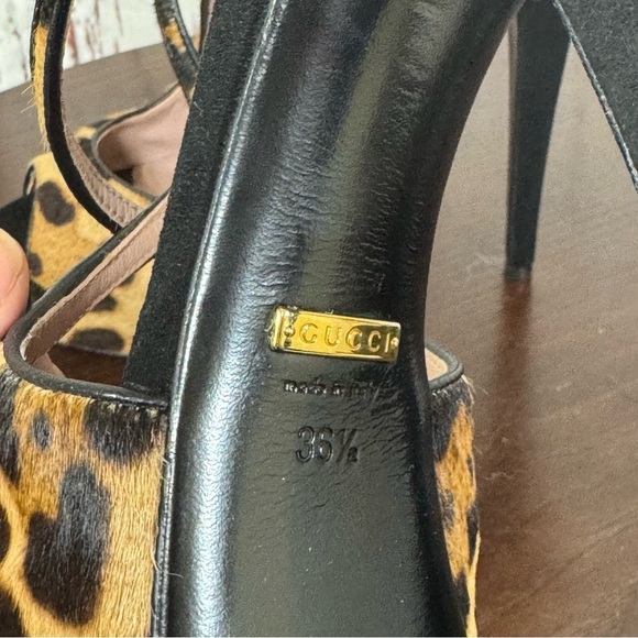 GUCCI Pony Hair Suede Leopard Print Crisscross  Peep Toe platform Heels 36.5 EUC - Picture 13 of 17